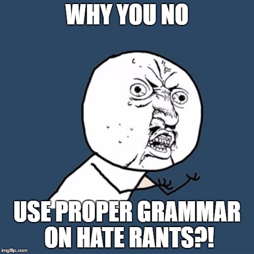 Y U No Meme | WHY YOU NO; USE PROPER GRAMMAR ON HATE RANTS?! | image tagged in memes,y u no | made w/ Imgflip meme maker