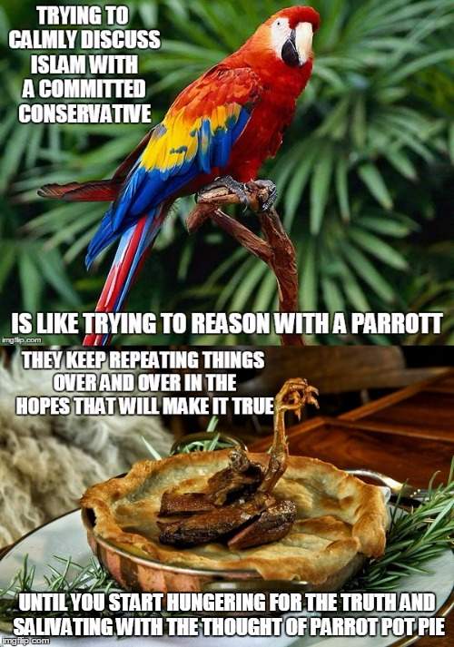 committed conservative #9: Polly IS a cracker | UNTIL YOU START HUNGERING FOR THE TRUTH AND SALIVATING WITH THE THOUGHT OF PARROT POT PIE | image tagged in conservative,liberal vs conservative,politics | made w/ Imgflip meme maker