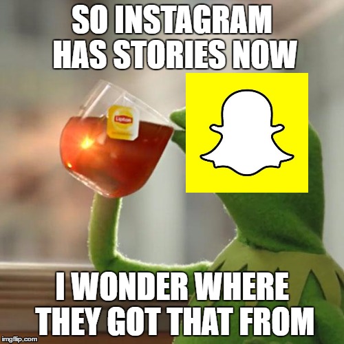 But That's None Of My Business | SO INSTAGRAM HAS STORIES NOW; I WONDER WHERE THEY GOT THAT FROM | image tagged in memes,but thats none of my business,kermit the frog | made w/ Imgflip meme maker