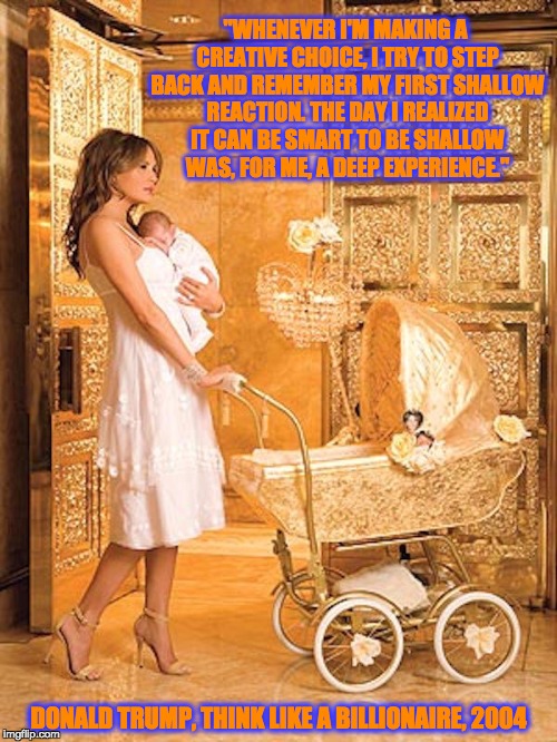 MelaniaBaby | "WHENEVER I'M MAKING A CREATIVE CHOICE, I TRY TO STEP BACK AND REMEMBER MY FIRST SHALLOW REACTION. THE DAY I REALIZED IT CAN BE SMART TO BE SHALLOW WAS, FOR ME, A DEEP EXPERIENCE."; DONALD TRUMP, THINK LIKE A BILLIONAIRE, 2004 | image tagged in melaniababy | made w/ Imgflip meme maker