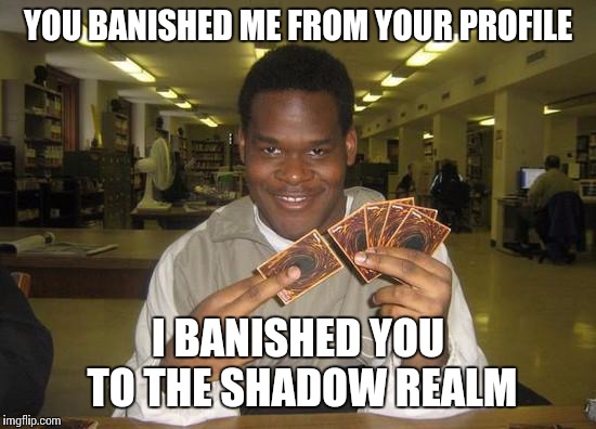 yugioh | YOU BANISHED ME FROM YOUR PROFILE; I BANISHED YOU TO THE SHADOW REALM | image tagged in yugioh | made w/ Imgflip meme maker