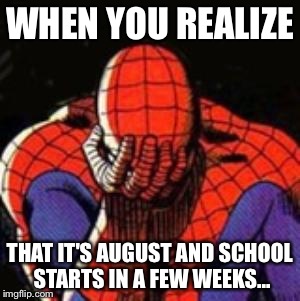 I wasn't prepared... | WHEN YOU REALIZE; THAT IT'S AUGUST AND SCHOOL STARTS IN A FEW WEEKS... | image tagged in memes,sad spiderman,spiderman | made w/ Imgflip meme maker