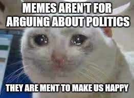 Why do you have to keep posting your political views | MEMES AREN'T FOR ARGUING ABOUT POLITICS; THEY ARE MENT TO MAKE US HAPPY | image tagged in memes | made w/ Imgflip meme maker