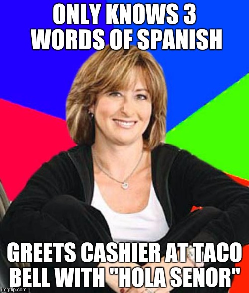 Sheltering Suburban Mom Meme | ONLY KNOWS 3 WORDS OF SPANISH; GREETS CASHIER AT TACO BELL WITH "HOLA SENOR" | image tagged in memes,sheltering suburban mom | made w/ Imgflip meme maker