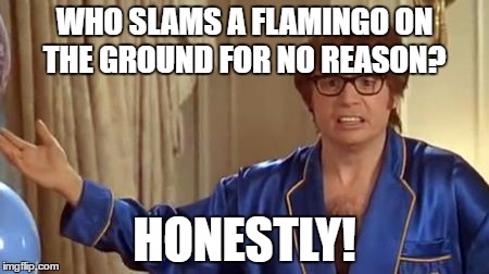 Flamingo attack | WHO SLAMS A FLAMINGO ON THE GROUND FOR NO REASON? HONESTLY! | image tagged in memes,austin powers honestly | made w/ Imgflip meme maker