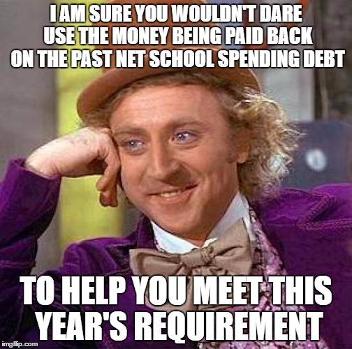 HOW DO YOU ACCOUNT FOR THAT? | I AM SURE YOU WOULDN'T DARE USE THE MONEY BEING PAID BACK ON THE PAST NET SCHOOL SPENDING DEBT TO HELP YOU MEET THIS YEAR'S REQUIREMENT | image tagged in memes,creepy condescending wonka,net school spending,school committee | made w/ Imgflip meme maker