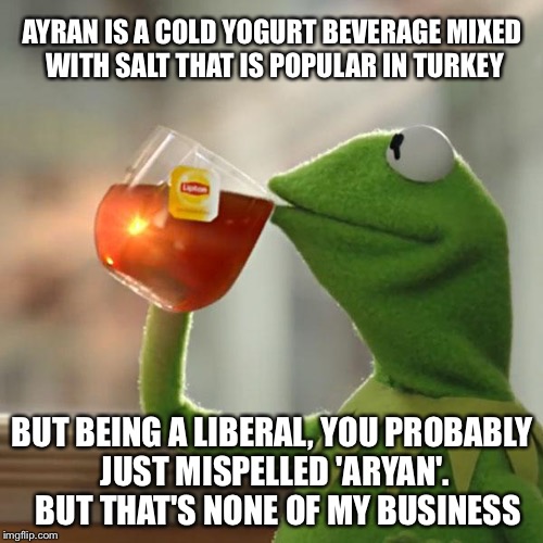 But That's None Of My Business Meme | AYRAN IS A COLD YOGURT BEVERAGE MIXED WITH SALT THAT IS POPULAR IN TURKEY BUT BEING A LIBERAL, YOU PROBABLY JUST MISPELLED 'ARYAN'.  BUT THA | image tagged in memes,but thats none of my business,kermit the frog | made w/ Imgflip meme maker