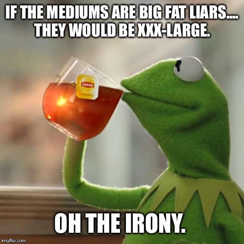 But That's None Of My Business Meme | IF THE MEDIUMS ARE BIG FAT LIARS.... THEY WOULD BE XXX-LARGE. OH THE IRONY. | image tagged in memes,but thats none of my business,kermit the frog | made w/ Imgflip meme maker