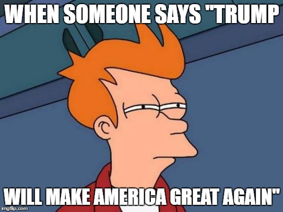 Futurama Fry Meme | WHEN SOMEONE SAYS "TRUMP; WILL MAKE AMERICA GREAT AGAIN" | image tagged in memes,futurama fry | made w/ Imgflip meme maker