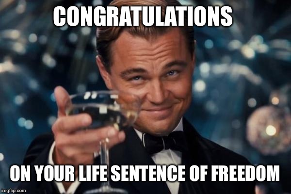 Leonardo Dicaprio Cheers Meme | CONGRATULATIONS ON YOUR LIFE SENTENCE OF FREEDOM | image tagged in memes,leonardo dicaprio cheers | made w/ Imgflip meme maker