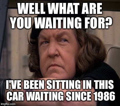 WELL WHAT ARE YOU WAITING FOR? I'VE BEEN SITTING IN THIS CAR WAITING SINCE 1986 | made w/ Imgflip meme maker