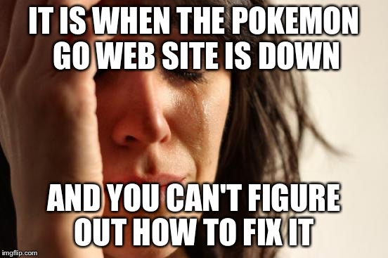 First World Problems Meme | IT IS WHEN THE POKEMON GO WEB SITE IS DOWN AND YOU CAN'T FIGURE OUT HOW TO FIX IT | image tagged in memes,first world problems | made w/ Imgflip meme maker