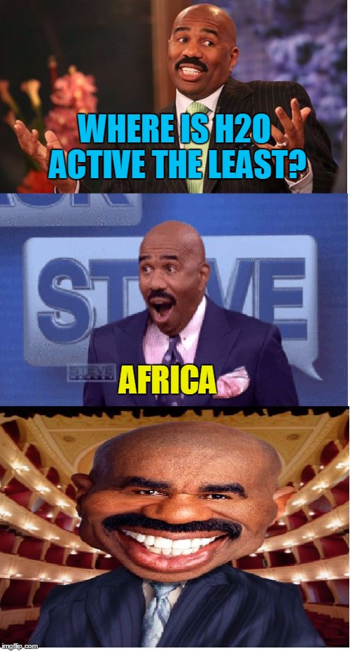 Bad Pun Steve Harvey | WHERE IS H2O ACTIVE THE LEAST? AFRICA | image tagged in bad pun steve harvey | made w/ Imgflip meme maker