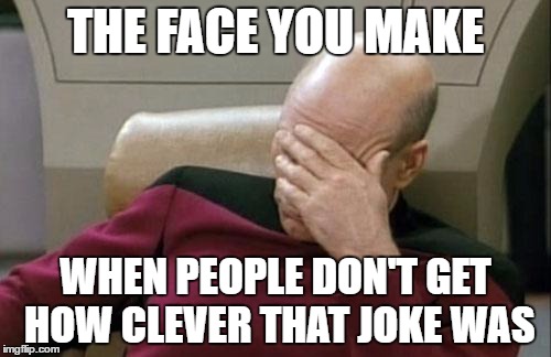 Captain Picard Facepalm Meme | THE FACE YOU MAKE; WHEN PEOPLE DON'T GET HOW CLEVER THAT JOKE WAS | image tagged in memes,captain picard facepalm | made w/ Imgflip meme maker