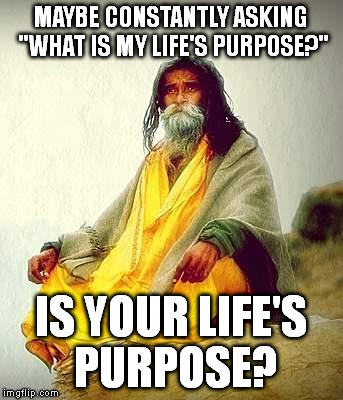 Purpose | MAYBE CONSTANTLY ASKING "WHAT IS MY LIFE'S PURPOSE?"; IS YOUR LIFE'S PURPOSE? | image tagged in mountain guru,purpose,life | made w/ Imgflip meme maker