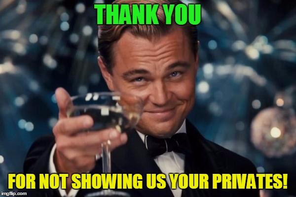 Leonardo Dicaprio Cheers Meme | THANK YOU FOR NOT SHOWING US YOUR PRIVATES! | image tagged in memes,leonardo dicaprio cheers | made w/ Imgflip meme maker