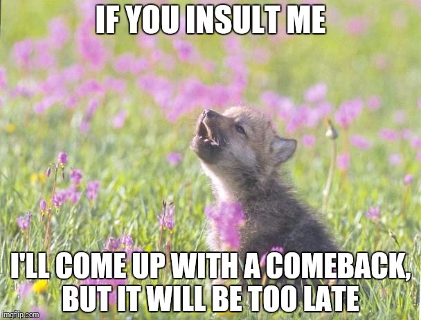 Baby Insanity Wolf | IF YOU INSULT ME; I'LL COME UP WITH A COMEBACK, BUT IT WILL BE TOO LATE | image tagged in memes,baby insanity wolf,AdviceAnimals | made w/ Imgflip meme maker