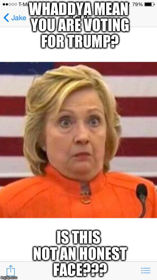 Hillary WTF? | WHADDYA MEAN YOU ARE VOTING FOR TRUMP? IS THIS NOT AN HONEST FACE??? | image tagged in hillary clinton,trump,election | made w/ Imgflip meme maker