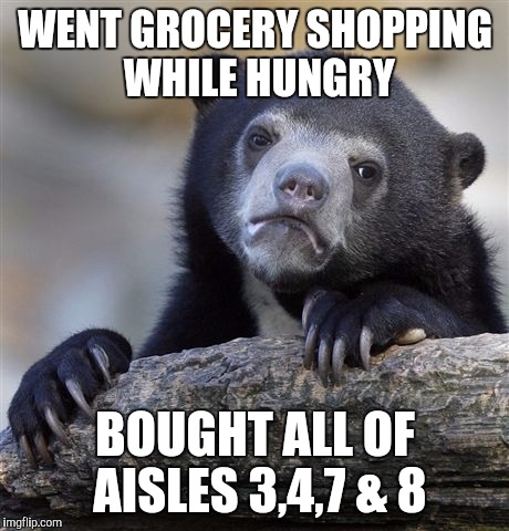 Confession Bear Meme | WENT GROCERY SHOPPING WHILE HUNGRY; BOUGHT ALL OF AISLES 3,4,7 & 8 | image tagged in memes,confession bear | made w/ Imgflip meme maker