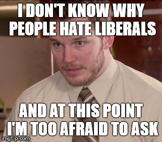 Afraid To Ask Andy (Closeup) | I DON'T KNOW WHY PEOPLE HATE LIBERALS; AND AT THIS POINT I'M TOO AFRAID TO ASK | image tagged in memes,afraid to ask andy closeup | made w/ Imgflip meme maker