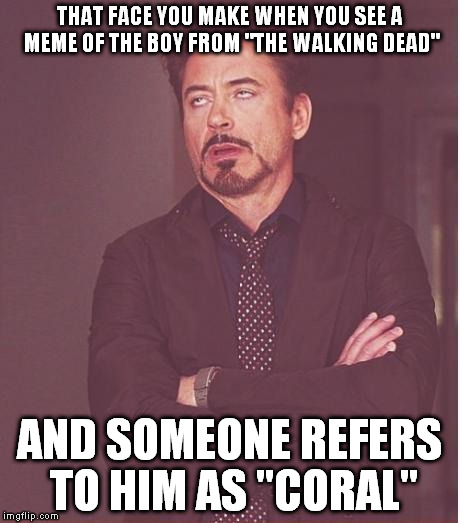 IT'S CARL!   CARL! |  THAT FACE YOU MAKE WHEN YOU SEE A MEME OF THE BOY FROM "THE WALKING DEAD"; AND SOMEONE REFERS TO HIM AS "CORAL" | image tagged in memes,face you make robert downey jr,the walking dead coral,walking dead,walking dead carl | made w/ Imgflip meme maker