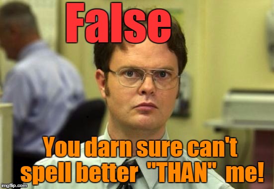 dwight | False You darn sure can't spell better  "THAN"  me! | image tagged in dwight | made w/ Imgflip meme maker