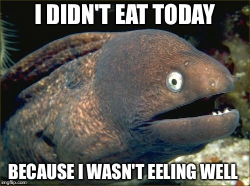 Bad Joke Eel | I DIDN'T EAT TODAY; BECAUSE I WASN'T EELING WELL | image tagged in memes,bad joke eel | made w/ Imgflip meme maker