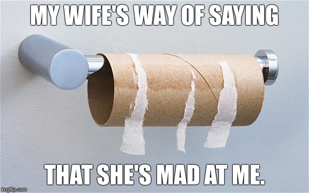 I don't remember what I did wrong | MY WIFE'S WAY OF SAYING; THAT SHE'S MAD AT ME. | image tagged in empty toilet paper roll,marriage,dating,angry feminist,angry toddler,first world problems | made w/ Imgflip meme maker