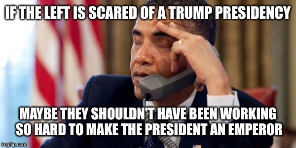 Buyers Remorse | IF THE LEFT IS SCARED OF A TRUMP PRESIDENCY; MAYBE THEY SHOULDN'T HAVE BEEN WORKING SO HARD TO MAKE THE PRESIDENT AN EMPEROR | image tagged in annoyed obama,donald trump,trump | made w/ Imgflip meme maker