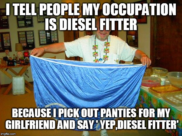 BIG Underwear  | I TELL PEOPLE MY OCCUPATION IS DIESEL FITTER; BECAUSE I PICK OUT PANTIES FOR MY GIRLFRIEND AND SAY ' YEP,DIESEL FITTER' | image tagged in big underwear | made w/ Imgflip meme maker