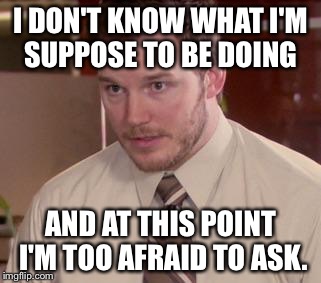 Andy Dwyer | I DON'T KNOW WHAT I'M SUPPOSE TO BE DOING; AND AT THIS POINT I'M TOO AFRAID TO ASK. | image tagged in andy dwyer | made w/ Imgflip meme maker