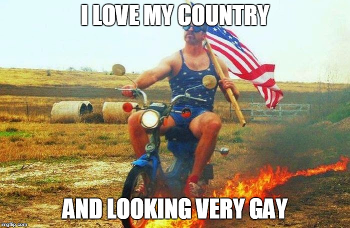'merica scooter | I LOVE MY COUNTRY; AND LOOKING VERY GAY | image tagged in 'merica scooter | made w/ Imgflip meme maker