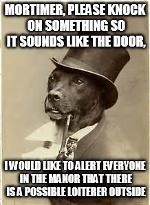 Old Money Dog | MORTIMER, PLEASE KNOCK ON SOMETHING SO IT SOUNDS LIKE THE DOOR, I WOULD LIKE TO ALERT EVERYONE IN THE MANOR THAT THERE IS A POSSIBLE LOITERER OUTSIDE | image tagged in old money dog | made w/ Imgflip meme maker