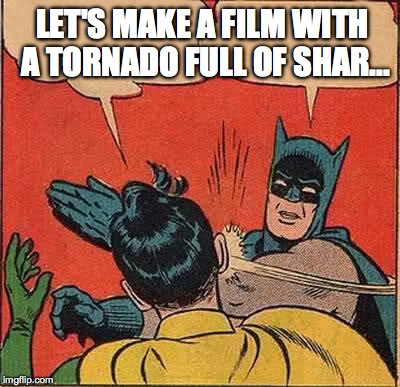 Batman Slapping Robin | LET'S MAKE A FILM WITH A TORNADO FULL OF SHAR... | image tagged in memes,batman slapping robin | made w/ Imgflip meme maker