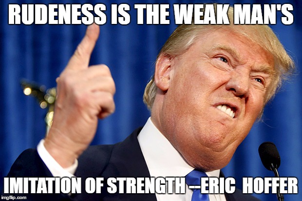 Donald Trump | RUDENESS IS THE WEAK MAN'S; IMITATION OF STRENGTH
--ERIC  HOFFER | image tagged in donald trump | made w/ Imgflip meme maker