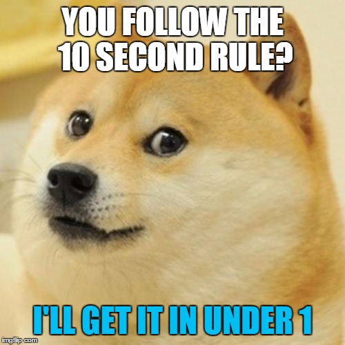 Doge Meme | YOU FOLLOW THE 10 SECOND RULE? I'LL GET IT IN UNDER 1 | image tagged in memes,doge | made w/ Imgflip meme maker