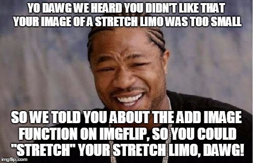 Yo Dawg Heard You Meme | YO DAWG WE HEARD YOU DIDN'T LIKE THAT YOUR IMAGE OF A STRETCH LIMO WAS TOO SMALL SO WE TOLD YOU ABOUT THE ADD IMAGE FUNCTION ON IMGFLIP, SO  | image tagged in memes,yo dawg heard you | made w/ Imgflip meme maker