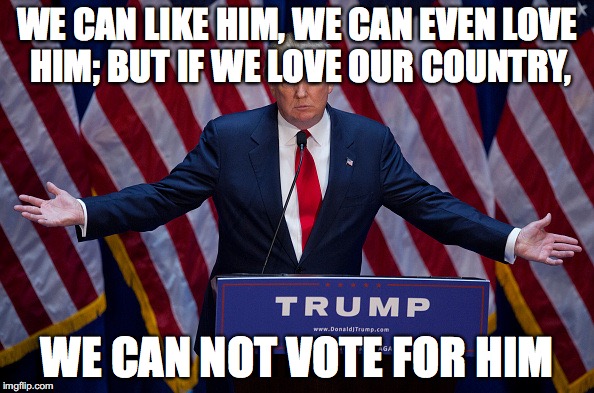 Trump Bruh | WE CAN LIKE HIM, WE CAN EVEN LOVE HIM;
BUT IF WE LOVE OUR COUNTRY, WE CAN NOT VOTE FOR HIM | image tagged in trump bruh | made w/ Imgflip meme maker