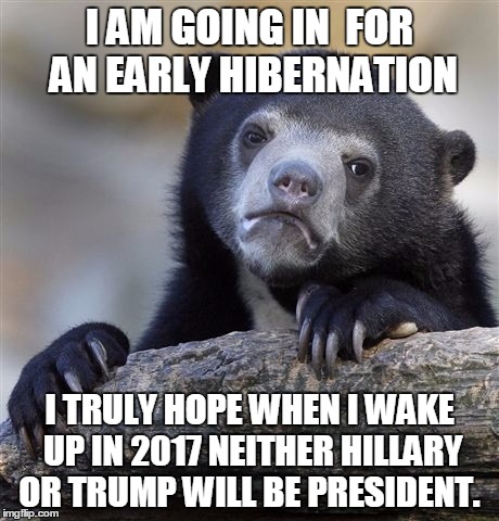 SOMETHING TO HOPE FOR | I AM GOING IN  FOR AN EARLY HIBERNATION; I TRULY HOPE WHEN I WAKE UP IN 2017 NEITHER HILLARY OR TRUMP WILL BE PRESIDENT. | image tagged in memes,confession bear,election 2016,hillary clinton 2016,trump 2016 | made w/ Imgflip meme maker