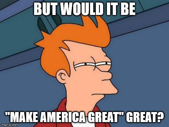 Futurama Fry Meme | BUT WOULD IT BE "MAKE AMERICA GREAT" GREAT? | image tagged in memes,futurama fry | made w/ Imgflip meme maker