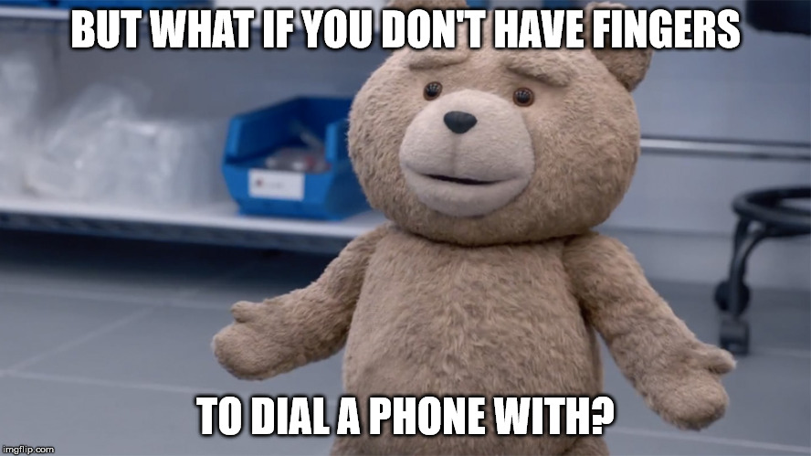 BUT WHAT IF YOU DON'T HAVE FINGERS TO DIAL A PHONE WITH? | image tagged in ted question | made w/ Imgflip meme maker