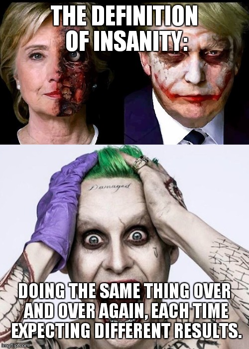 THE DEFINITION OF INSANITY:; DOING THE SAME THING OVER AND OVER AGAIN, EACH TIME EXPECTING DIFFERENT RESULTS. | image tagged in hillary trump | made w/ Imgflip meme maker