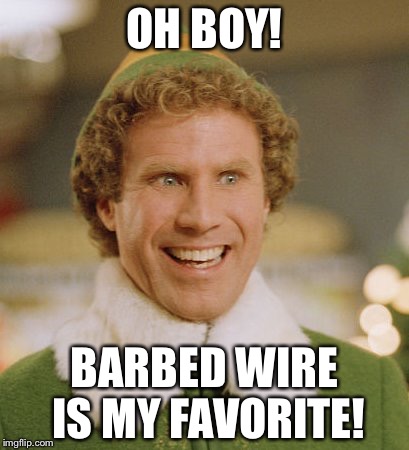Buddy The Elf | OH BOY! BARBED WIRE IS MY FAVORITE! | image tagged in memes,buddy the elf | made w/ Imgflip meme maker