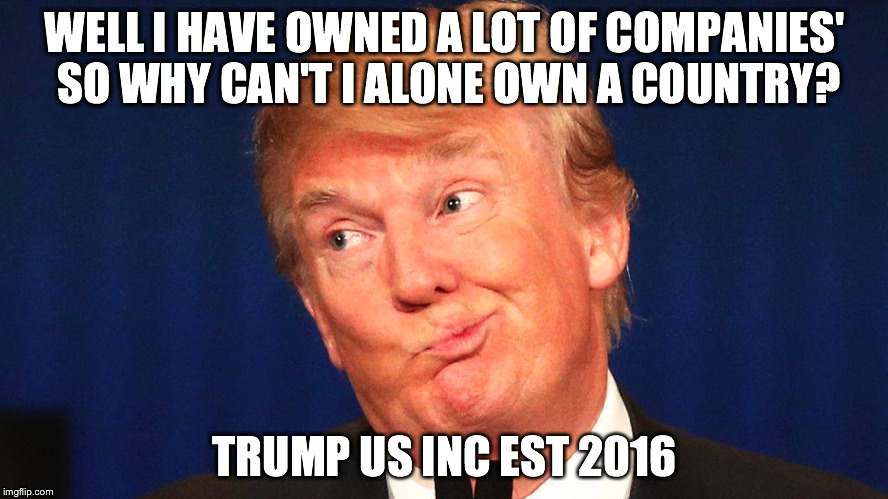 Trump US Inc  | WELL I HAVE OWNED A LOT OF COMPANIES' SO WHY CAN'T I ALONE OWN A COUNTRY? TRUMP US INC EST 2016 | image tagged in trump 2016,donald trump approves,election 2016 | made w/ Imgflip meme maker