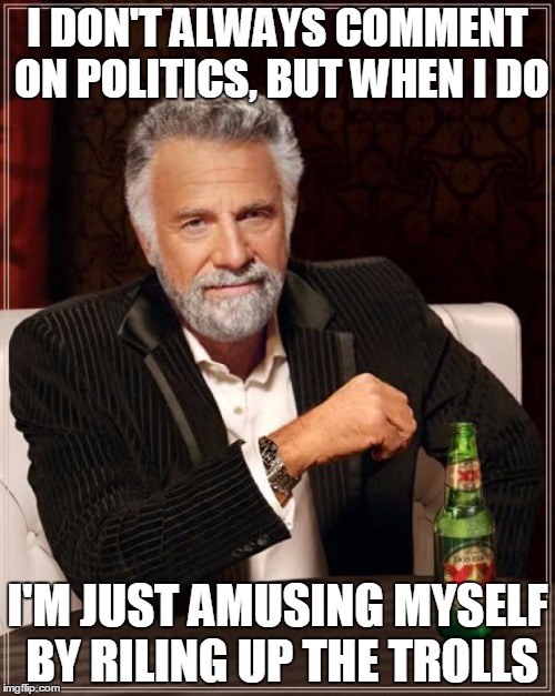 Hillary is the worst!  (Take the bait...) | I DON'T ALWAYS COMMENT ON POLITICS, BUT WHEN I DO; I'M JUST AMUSING MYSELF BY RILING UP THE TROLLS | image tagged in memes,the most interesting man in the world | made w/ Imgflip meme maker