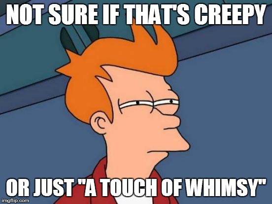 Futurama Fry Meme | NOT SURE IF THAT'S CREEPY OR JUST "A TOUCH OF WHIMSY" | image tagged in memes,futurama fry | made w/ Imgflip meme maker