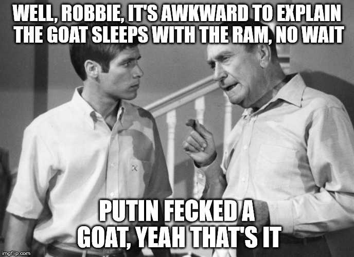  my three sons | WELL, ROBBIE, IT'S AWKWARD TO EXPLAIN THE GOAT SLEEPS WITH THE RAM, NO WAIT; PUTIN FECKED A GOAT, YEAH THAT'S IT | image tagged in vladimir putin | made w/ Imgflip meme maker