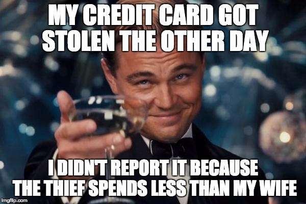 When I lose, I win | MY CREDIT CARD GOT STOLEN THE OTHER DAY; I DIDN'T REPORT IT BECAUSE THE THIEF SPENDS LESS THAN MY WIFE | image tagged in memes,leonardo dicaprio cheers,credit card | made w/ Imgflip meme maker
