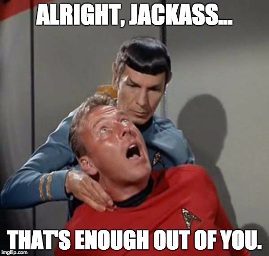 ALRIGHT, JACKASS... THAT'S ENOUGH OUT OF YOU. | image tagged in spock,star trek,neck pinch,jackass | made w/ Imgflip meme maker