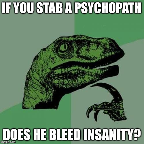 Philosoraptor | IF YOU STAB A PSYCHOPATH; DOES HE BLEED INSANITY? | image tagged in memes,philosoraptor | made w/ Imgflip meme maker